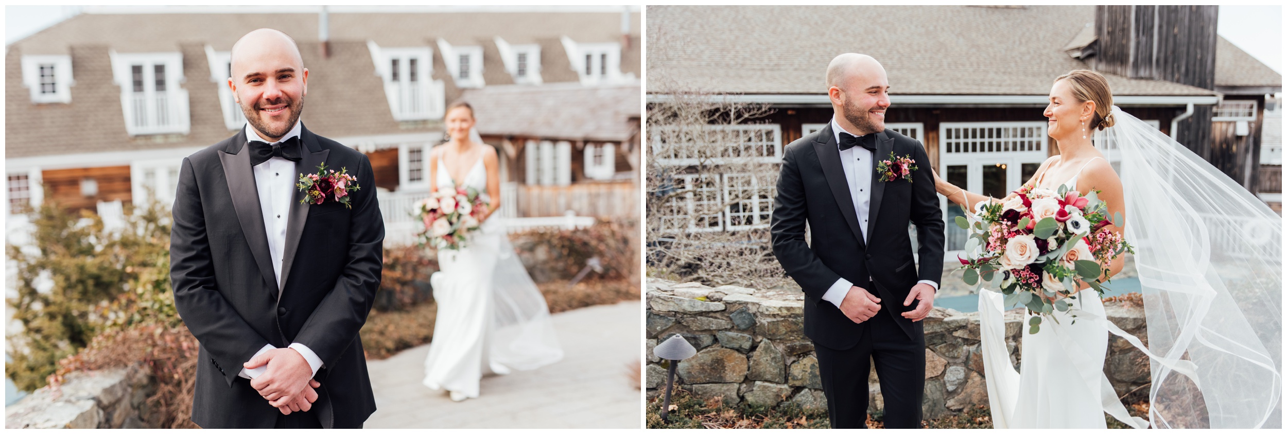 Groom waiting for first look at Red Lion Inn winter wedding in Cohasset MA